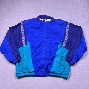 VTG Active Wear Track Jacket Blue Purple Teal‎ Geometric Stripe Full Zip Men's S
